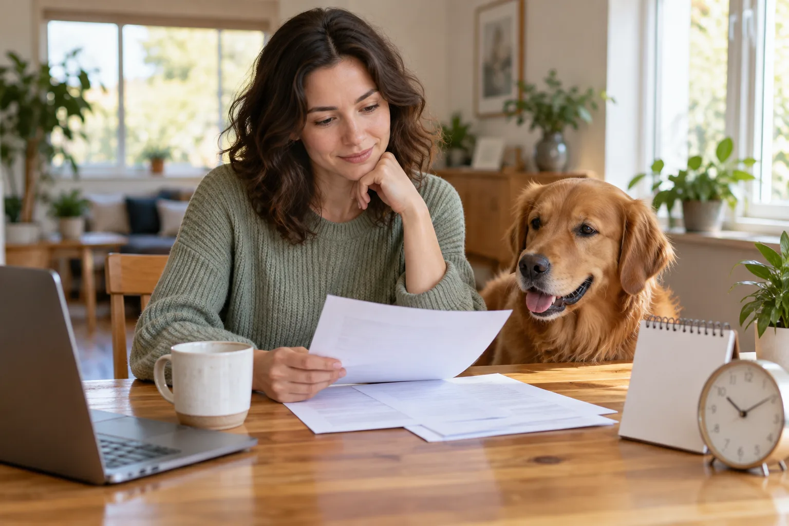 Owner reading documents beside a dog with a clock on the table