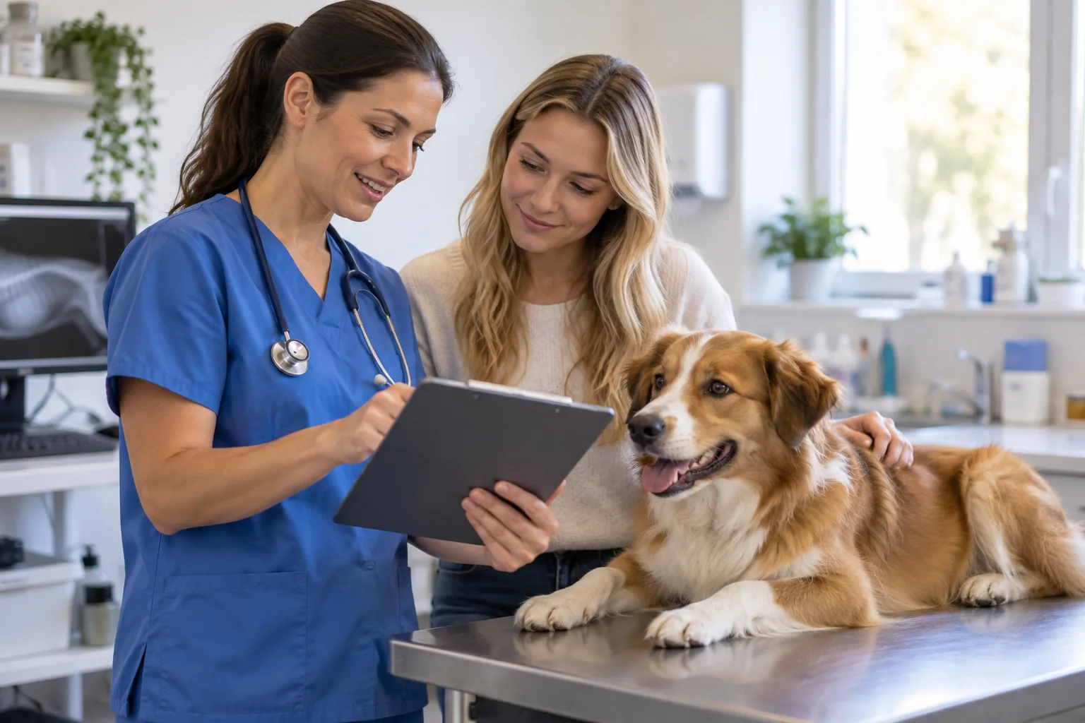 Veterinarian and owner reviewing a clipboard beside a dog